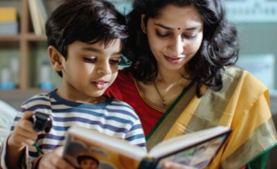 mother teaching kid