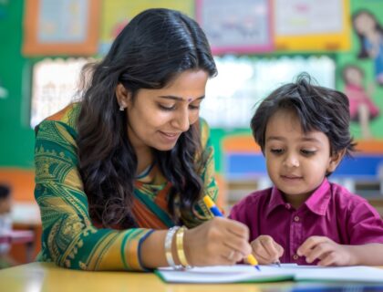 Kid learning malayalam with teacher