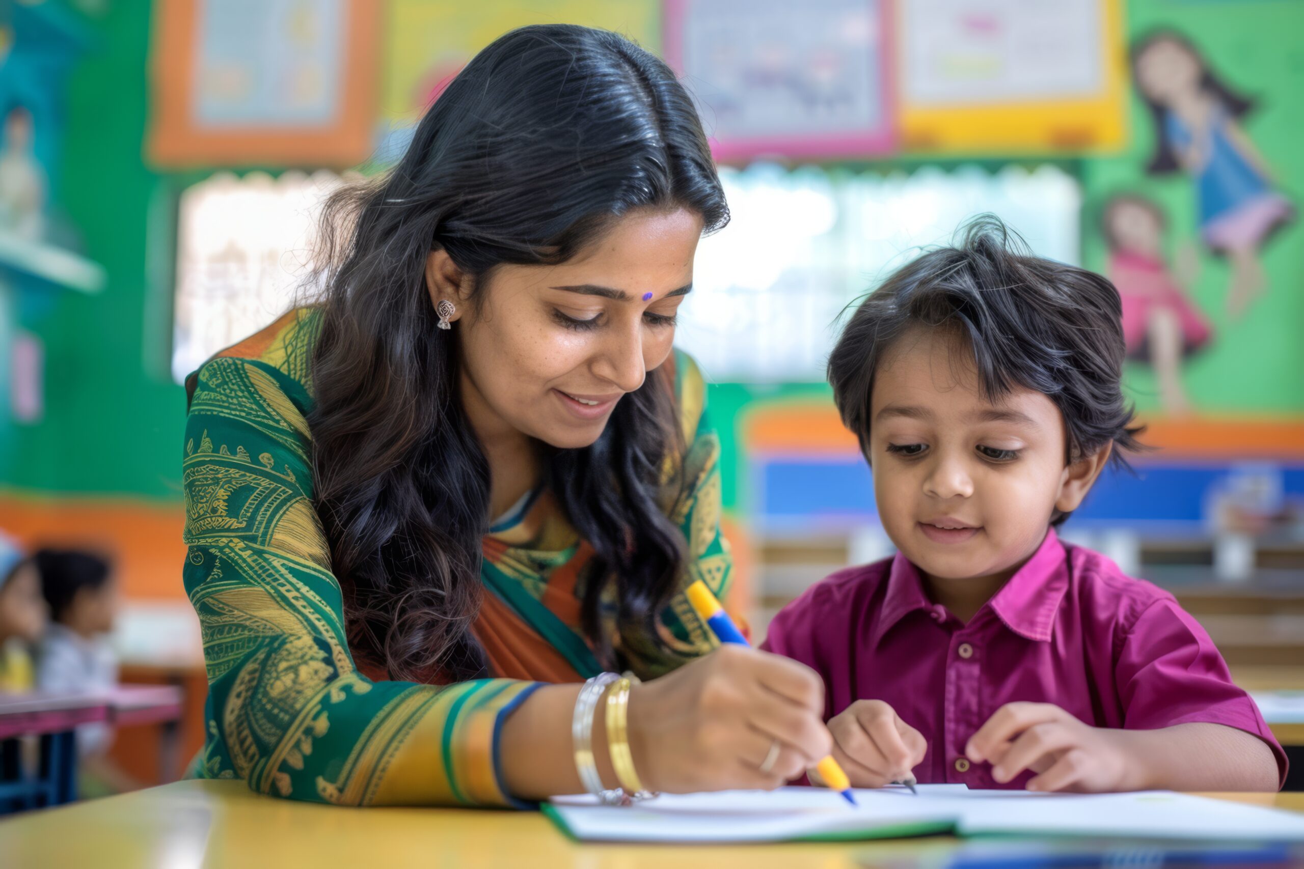 Kid learning malayalam with teacher